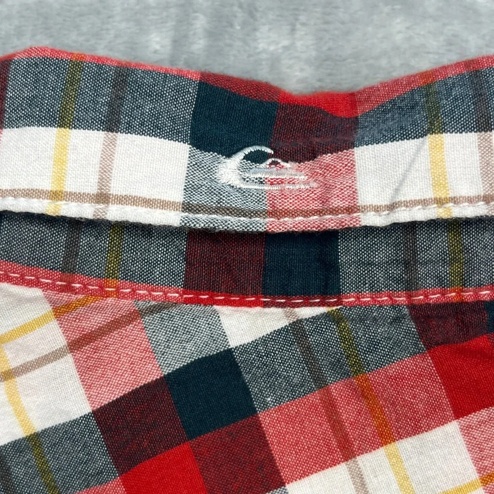 Quiksilver Plaid Button Up Shirt Mens Large Red White Black‎ Short Sleeve Surf